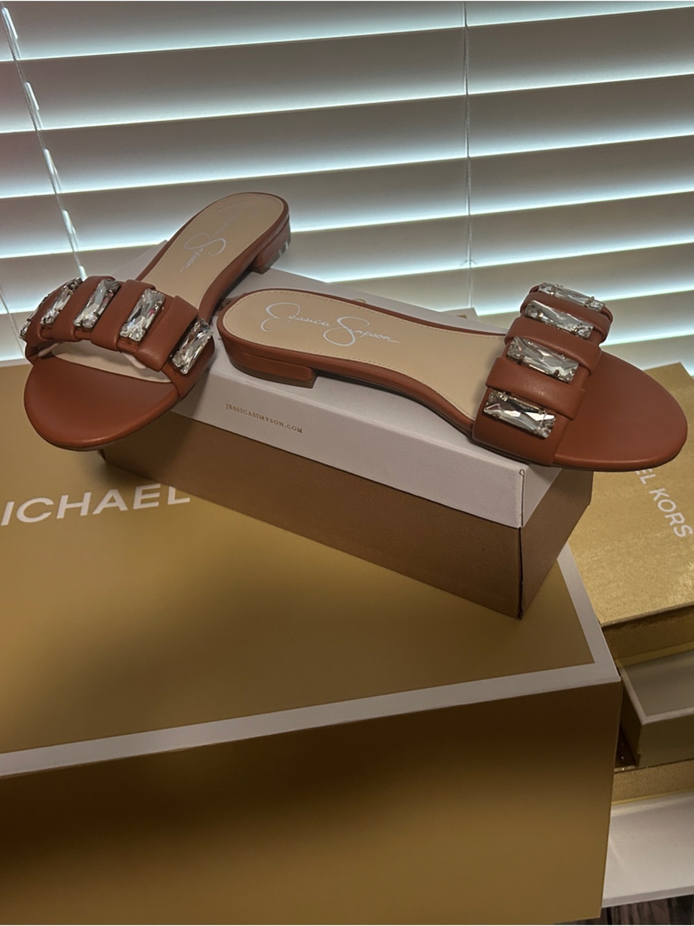 Brand New Jessica Simpson Tan Jeweled Slide Sandals